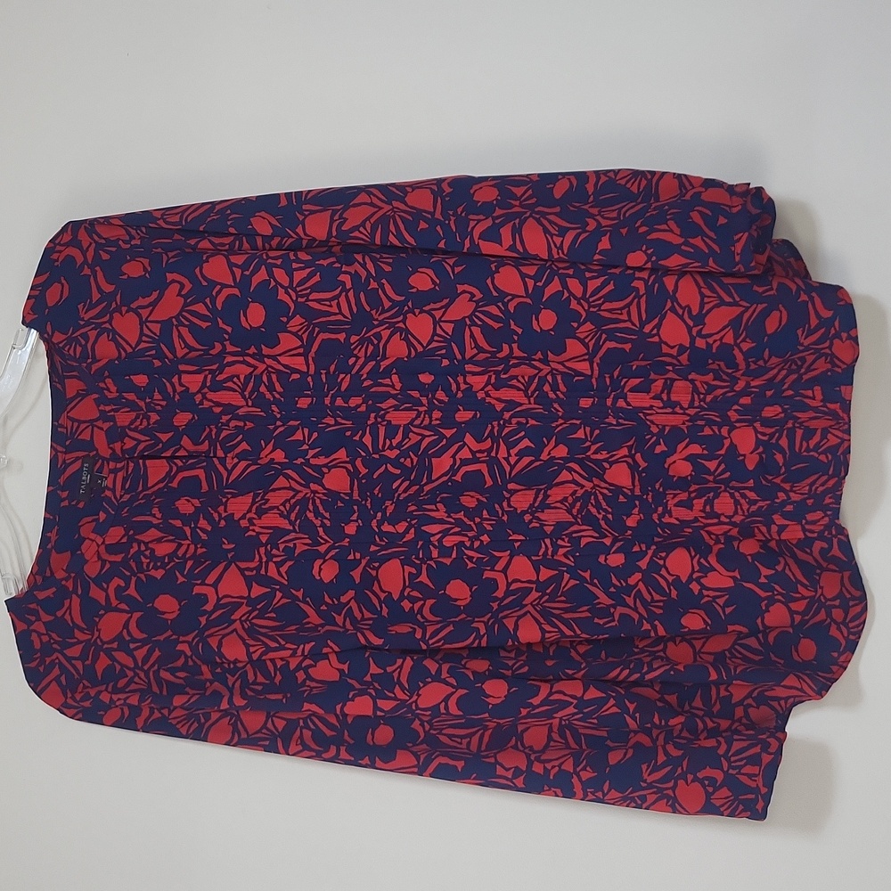 TALBOT'S Blue Red Floral Pintuck Front Keyhole Neckline Long Sleeve Blouse - Picture 2 of 11